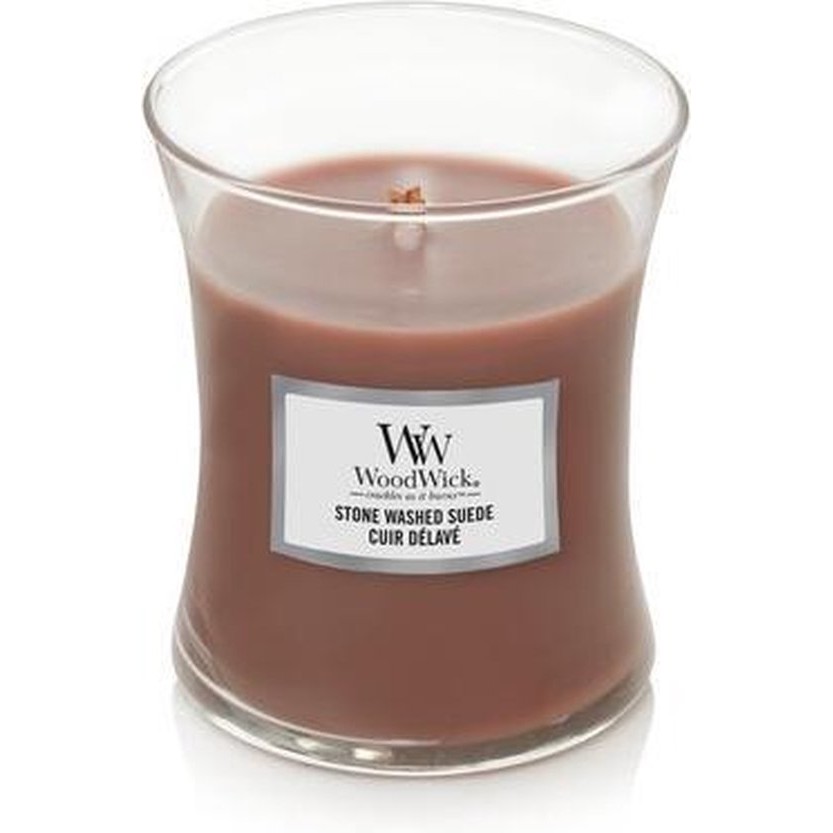 WoodWick Hourglass Medium Geurkaars – Stone Washed Suede